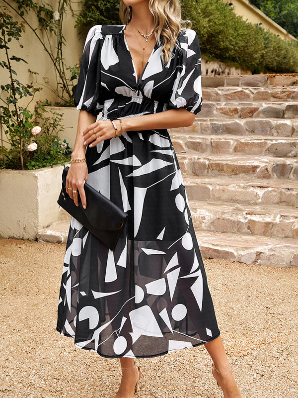 Women's Floral Smocked Waist Puff Sleeve Dress