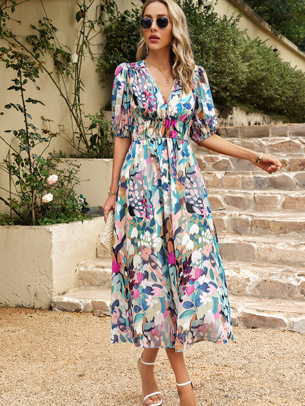 Women's Floral Smocked Waist Puff Sleeve Dress