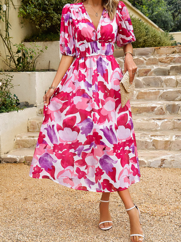 Women's Floral Smocked Waist Puff Sleeve Dress