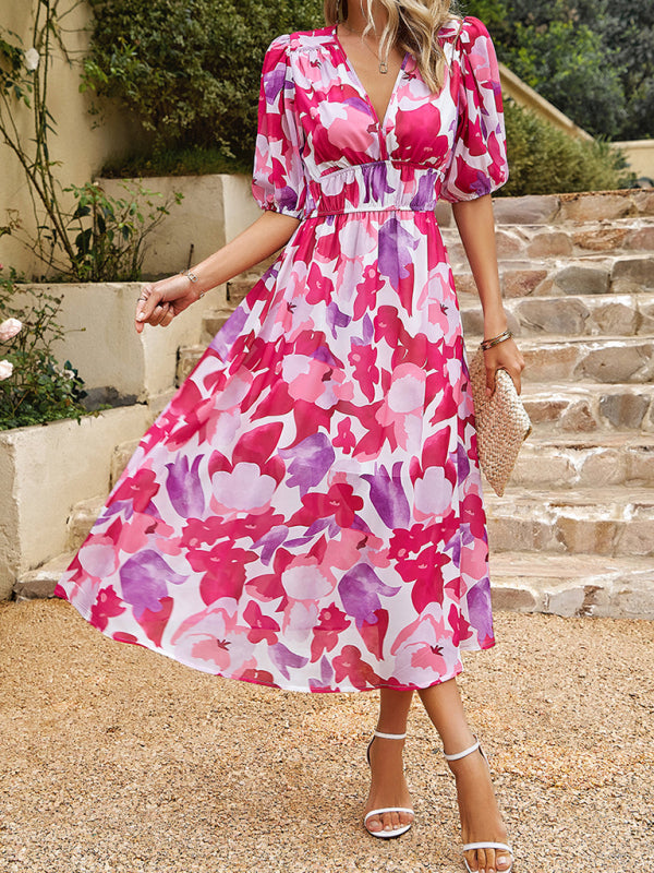 Women's Floral Smocked Waist Puff Sleeve Dress