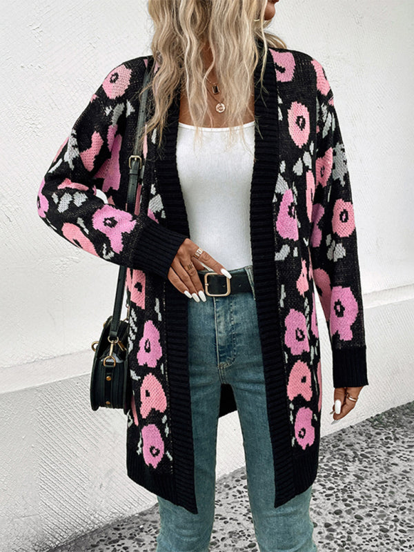 New Women's Long Sleeve Contrast Color Floral Knitted Sweater Cardigan