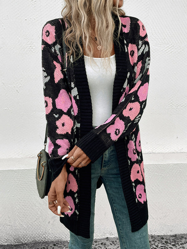 New Women's Long Sleeve Contrast Color Floral Knitted Sweater Cardigan