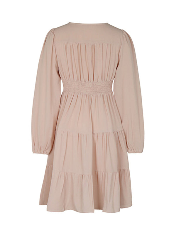 Women's new solid color long-sleeved V-neck button-down dress