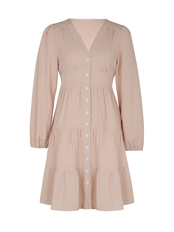 Women's new solid color long-sleeved V-neck button-down dress
