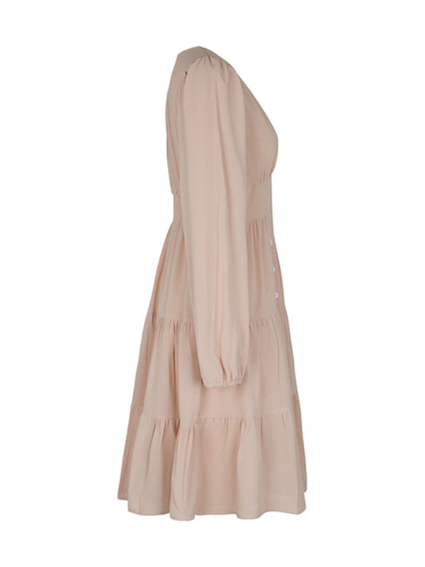 Women's new solid color long-sleeved V-neck button-down dress