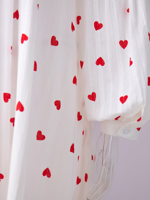Women's New Red Love Print Spliced Long Lantern Sleeve Pure Cotton Swing Dress