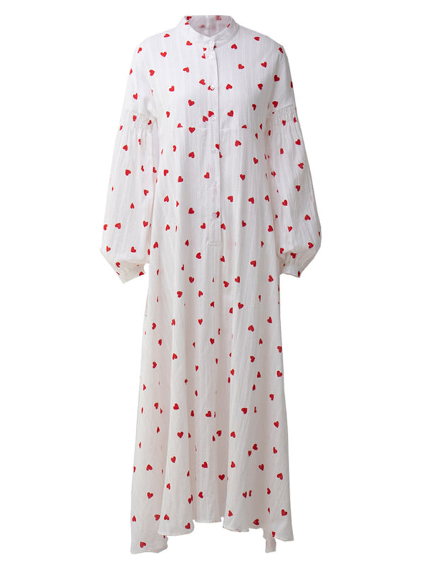Women's New Red Love Print Spliced Long Lantern Sleeve Pure Cotton Swing Dress