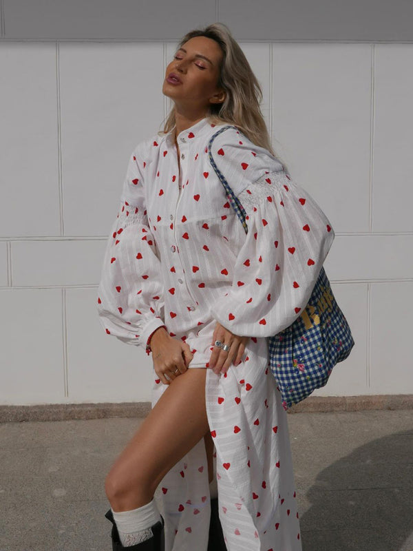 Women's New Red Love Print Spliced Long Lantern Sleeve Pure Cotton Swing Dress