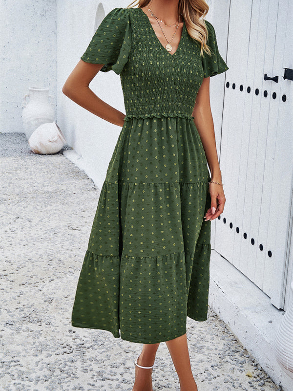 Women's casual solid color V-neck polka dot short-sleeved dress