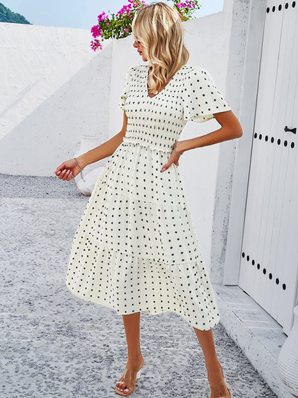 Women's casual solid color V-neck polka dot short-sleeved dress