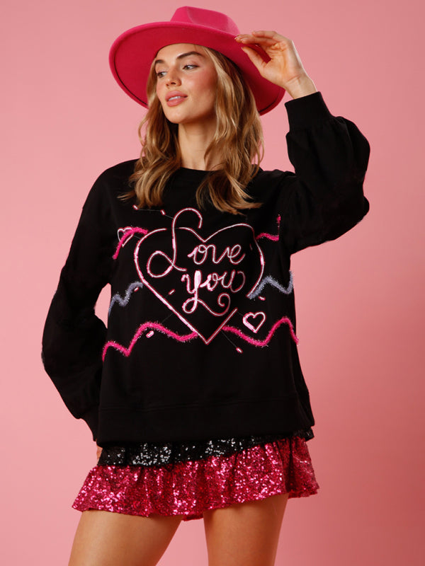 Women's love sequin sequin round neck pullover sweatshirt