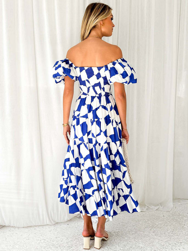 New Women's Fashionable French Boat Collar Printed Dress