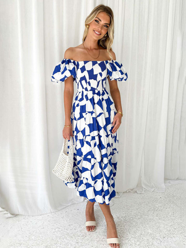 New Women's Fashionable French Boat Collar Printed Dress