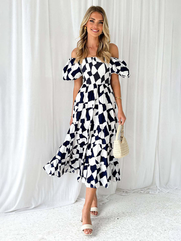 New Women's Fashionable French Boat Collar Printed Dress