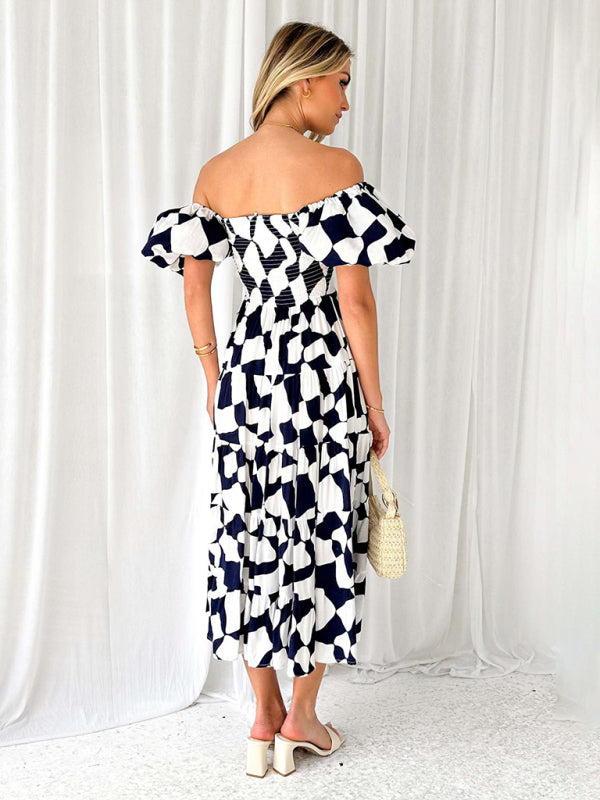 New Women's Fashionable French Boat Collar Printed Dress