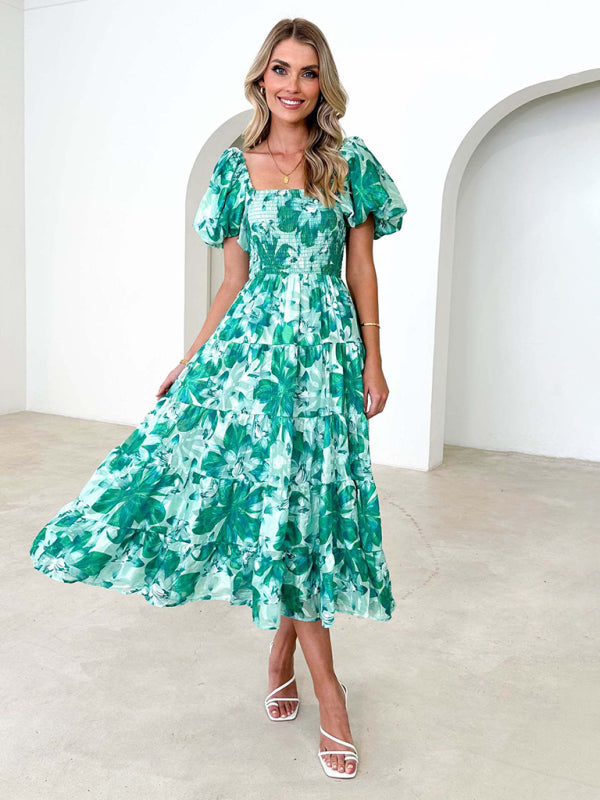 New Women's Fashionable French Boat Collar Printed Dress