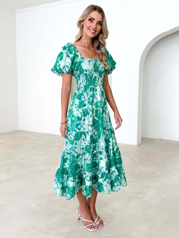 New Women's Fashionable French Boat Collar Printed Dress