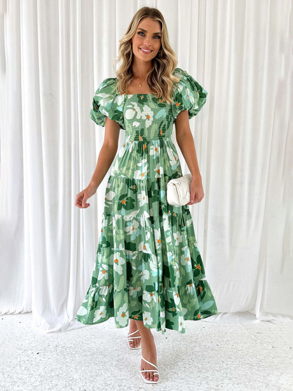 New Women's Fashionable French Boat Collar Printed Dress