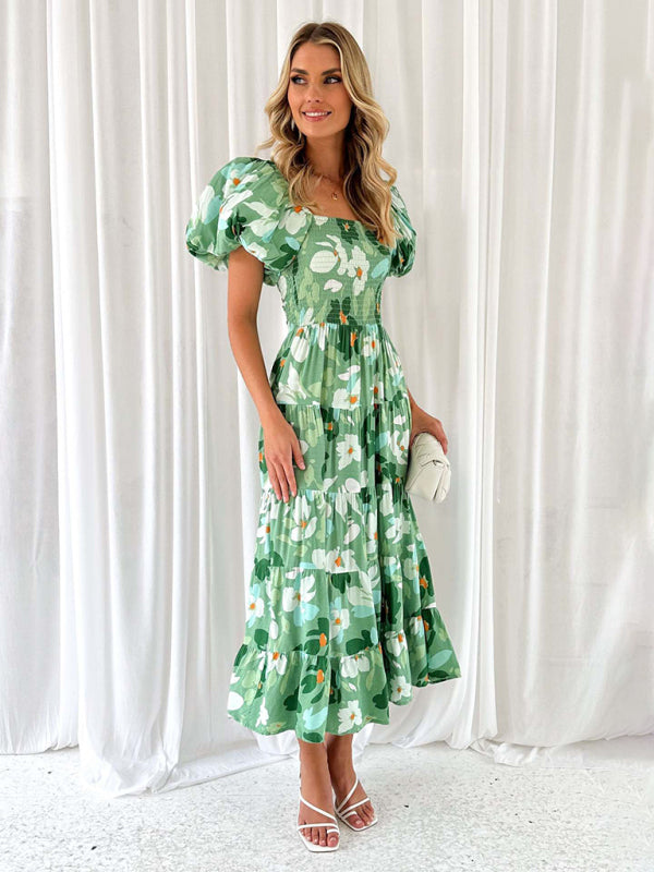 New Women's Fashionable French Boat Collar Printed Dress