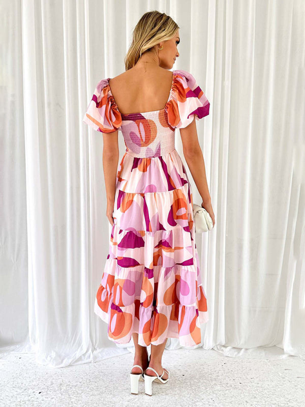 New Women's Fashionable French Boat Collar Printed Dress