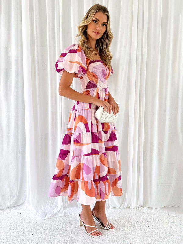 New Women's Fashionable French Boat Collar Printed Dress