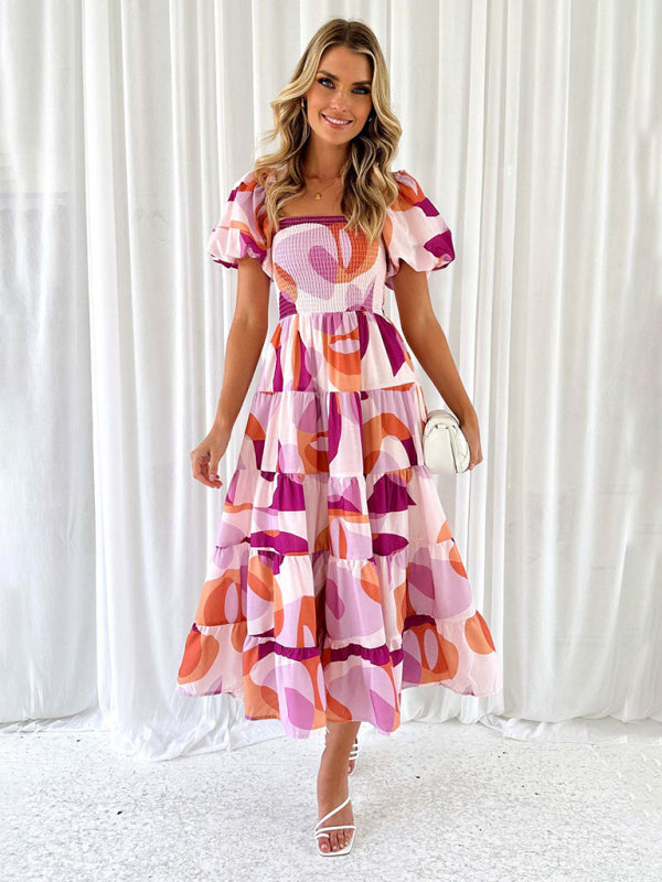 New Women's Fashionable French Boat Collar Printed Dress