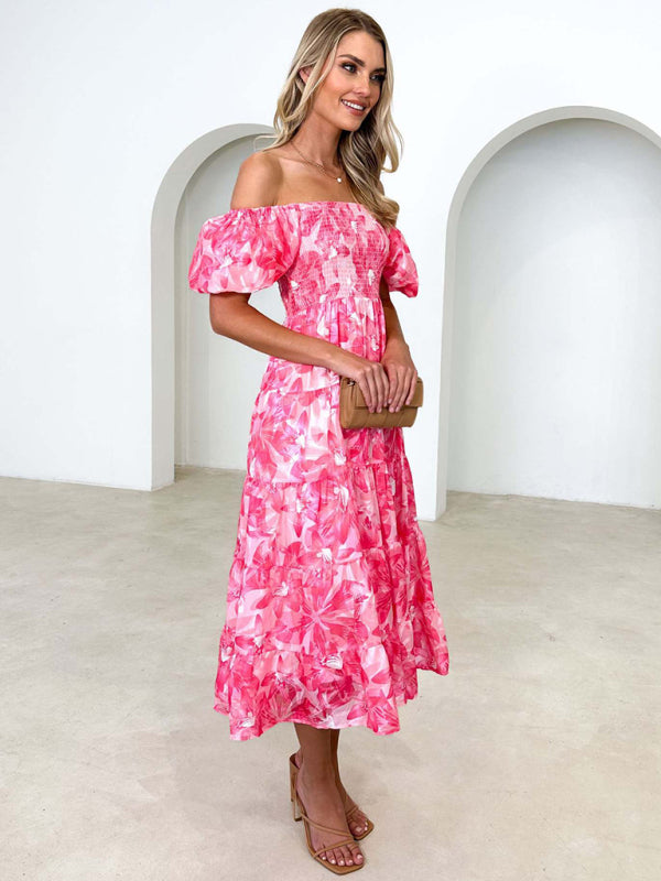 New Women's Fashionable French Boat Collar Printed Dress