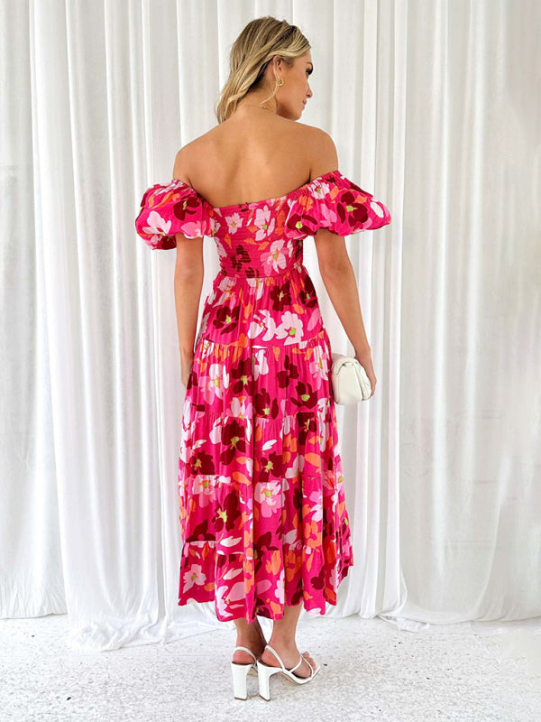 New Women's Fashionable French Boat Collar Printed Dress