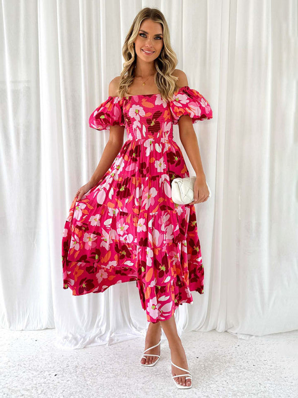 New Women's Fashionable French Boat Collar Printed Dress