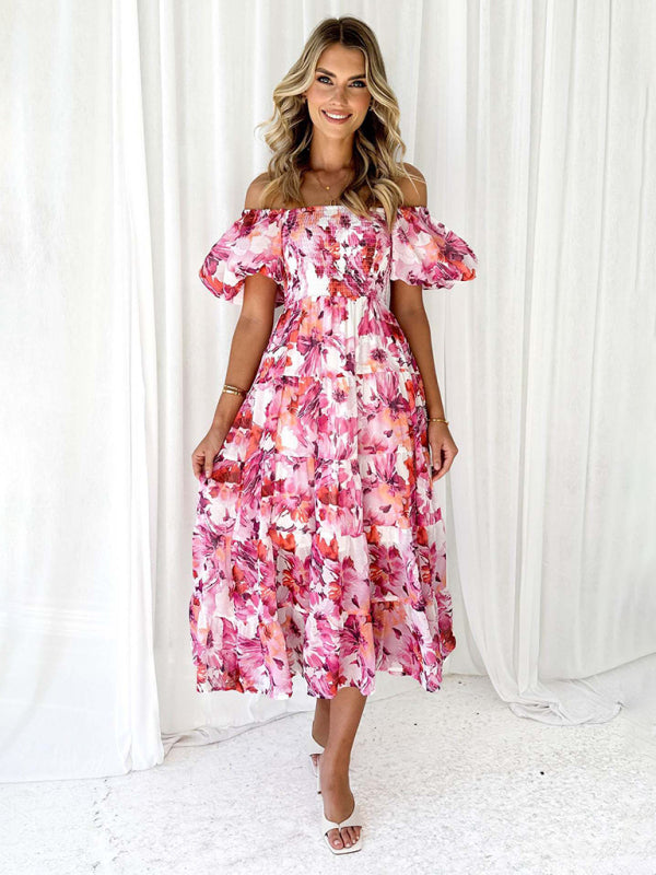 New Women's Fashionable French Boat Collar Printed Dress