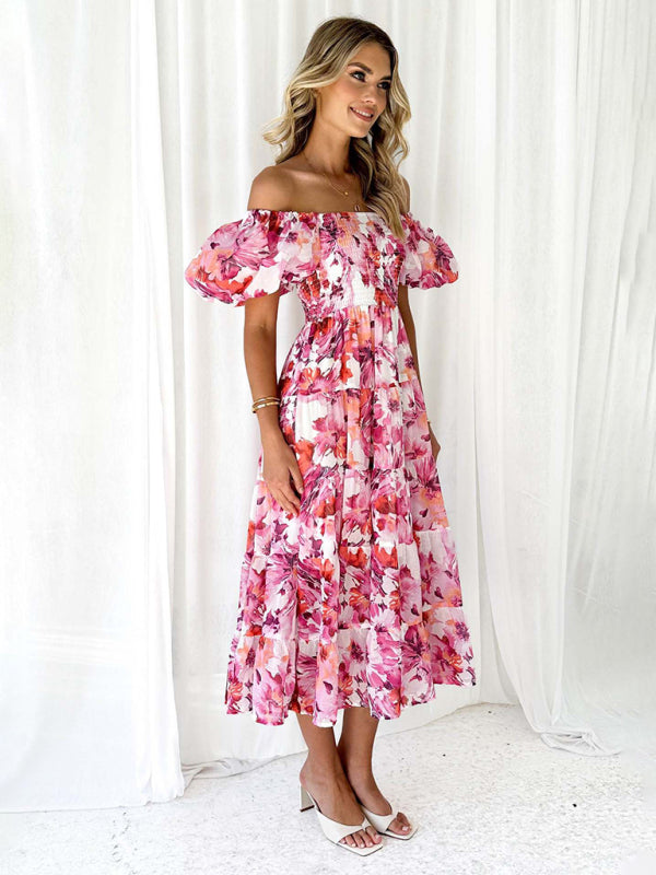 New Women's Fashionable French Boat Collar Printed Dress