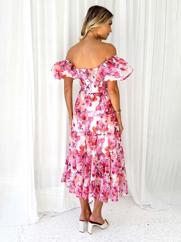 New Women's Fashionable French Boat Collar Printed Dress