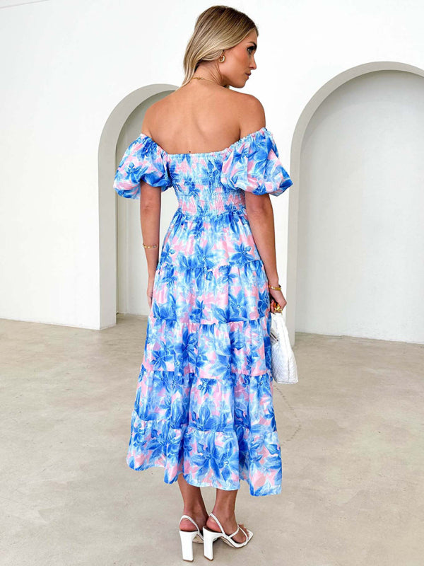 New Women's Fashionable French Boat Collar Printed Dress