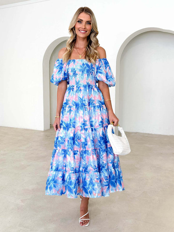 New Women's Fashionable French Boat Collar Printed Dress