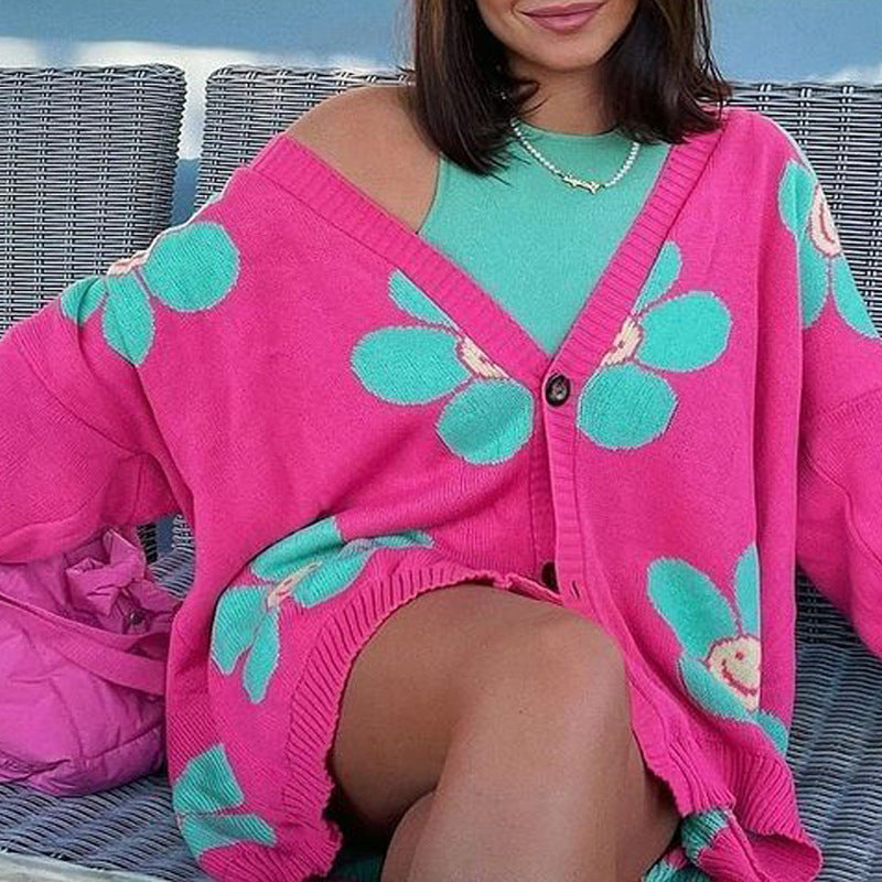 Love flower mid-length V-neck jacket loose casual knitted cardigan